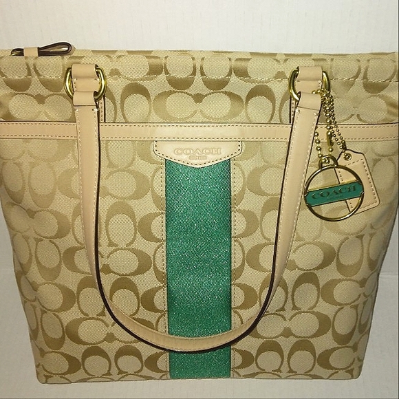 ☆Brand New☆Beautiful COACH Signature Stripe 12CM Emerald Zip Top Tote☆ - Picture 8 of 16